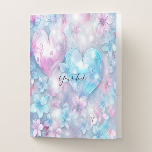 Pink Aqua Hearts and Flowers Pocket Folder