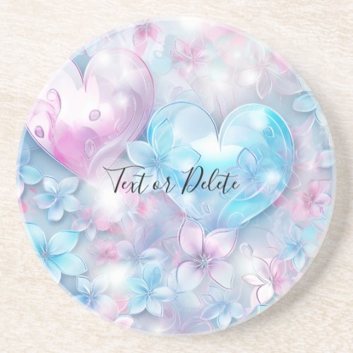 Pink Aqua Hearts and Flowers Sandstone Coaster
