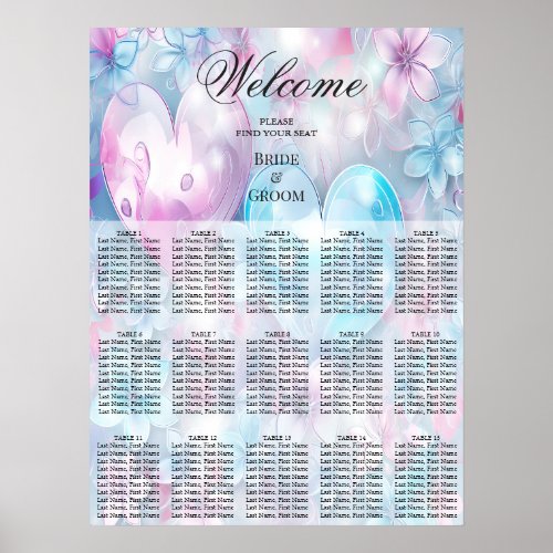 Pink Aqua Hearts and Flowers Seating Chart