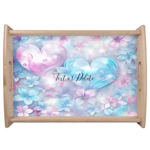 Pink Aqua Hearts and Flowers Serving Tray