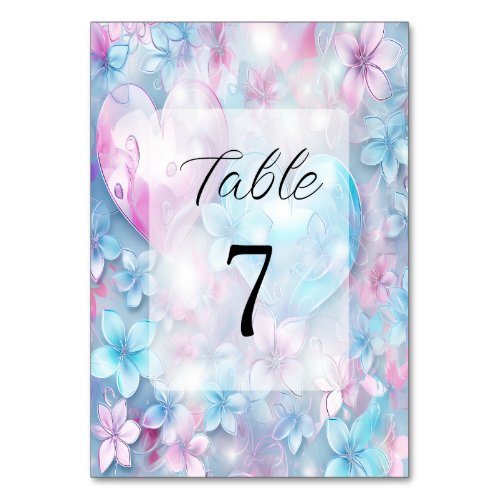 Pink Aqua Hearts and Flowers Table Number