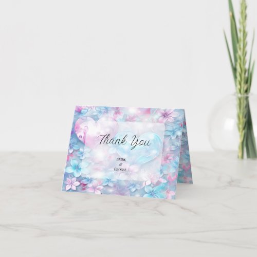 Pink Aqua Hearts and Flowers Thank You Card