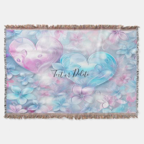 Pink Aqua Hearts and Flowers Throw Blanket