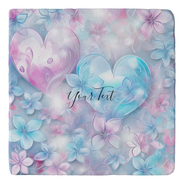 Pink Aqua Hearts and Flowers Trivet (Front)