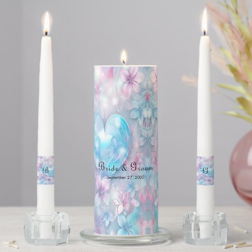 Pink Aqua Hearts and Flowers Unity Candle Set