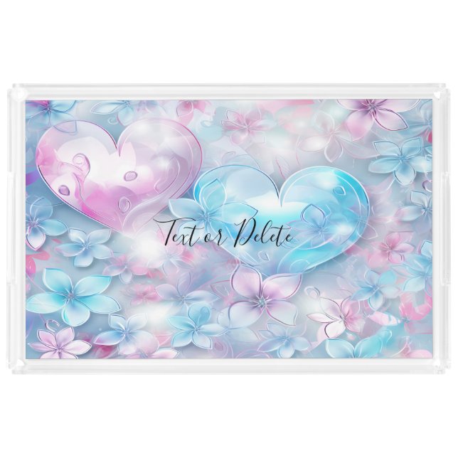 Pink Aqua Hearts and Flowers Vanity Tray (Front)
