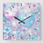 Pink Aqua Hearts and Flowers Wall Clock