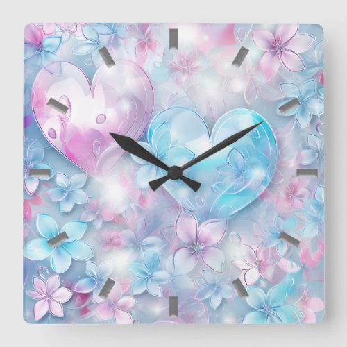 Pink Aqua Hearts and Flowers Wall Clock