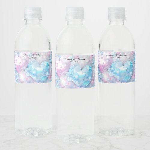 Pink Aqua Hearts and Flowers Water Bottle Label