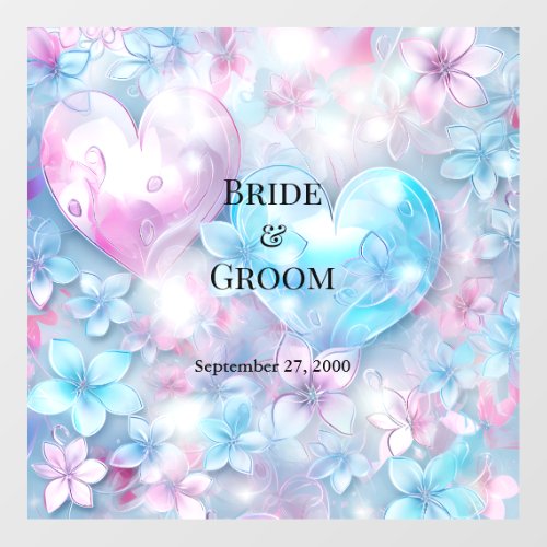 Pink Aqua Hearts and Flowers Wedding Floor Decal