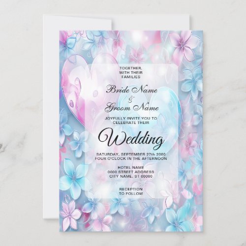 Pink Aqua Hearts and Flowers Wedding Invitation