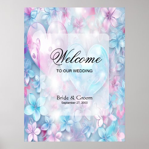 Pink Aqua Hearts and Flowers Welcome Poster Sign