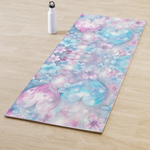 Pink Aqua Hearts and Flowers Yoga Mat