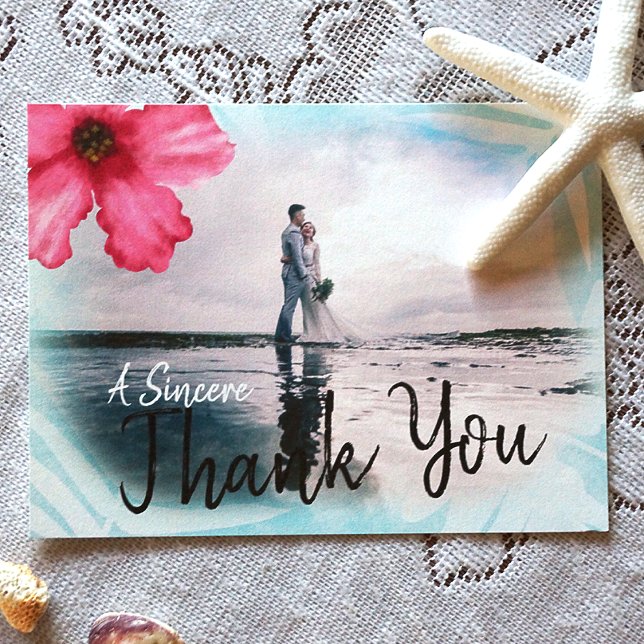 Pink Aqua Hibiscus Flower Thank You Card (Tropical Pink Hibiscus Folded Wedding Thank You Card)