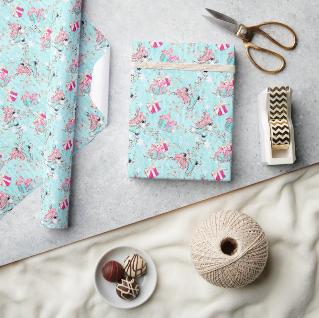 Pink & Aqua Ice Skates & Christmas Gifts Wrapping Paper (Crafts)