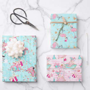 Pink & Aqua Ice Skates Flamingos & Christmas Gifts Wrapping Paper Sheets
