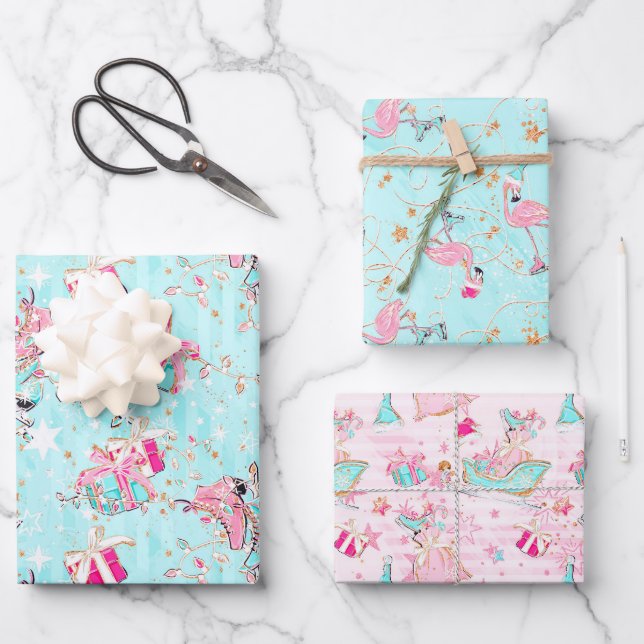 Pink & Aqua Ice Skates Flamingos & Christmas Gifts Wrapping Paper Sheets (Front)