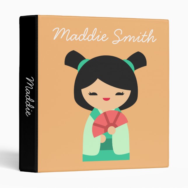 Pink aqua Kokeshi Japanese dolls 3 Ring Binder (Front/Spine)