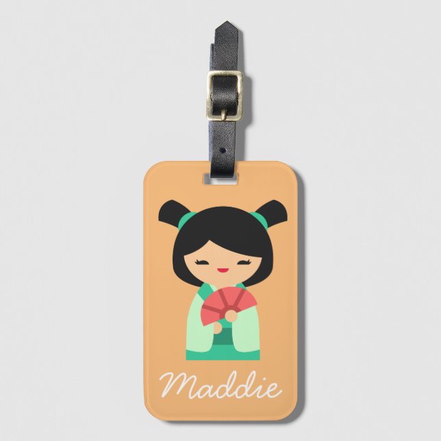 pink aqua Kokeshi Japanese dolls Luggage Tag (Front Vertical)