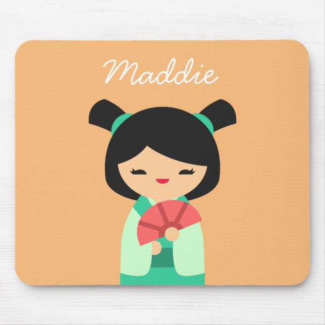 pink aqua Kokeshi Japanese dolls Mouse Pad (Front)