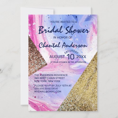 Pink Aqua Liquid Marble Glitter Bridal Shower Invitation