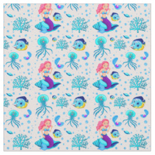 Pink Aqua Mermaid on Seashell Underwater Fish      Fabric
