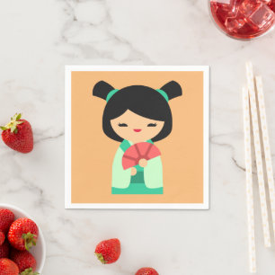 Pink aqua peach Kokeshi Japanese dolls Napkins