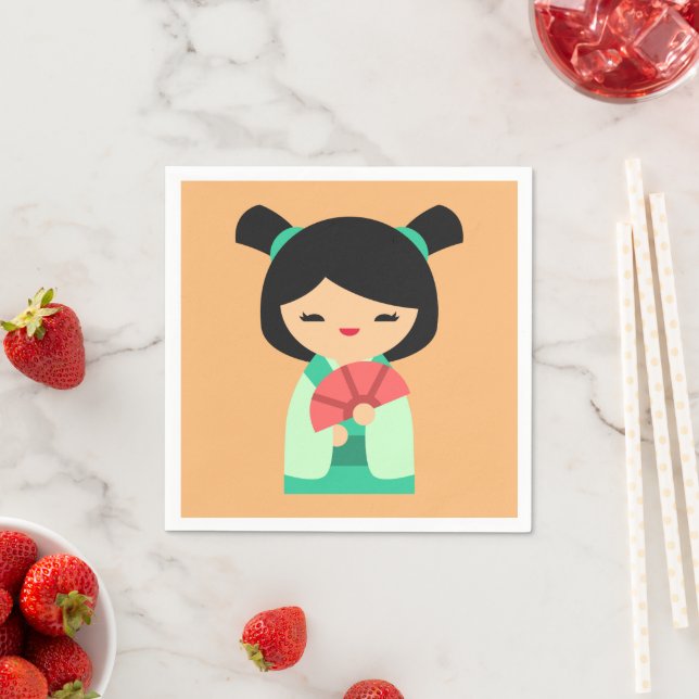 Pink aqua peach Kokeshi Japanese dolls Napkins (Insitu)