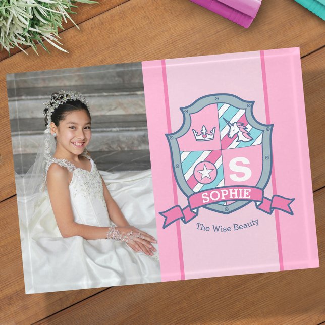 Pink aqua princess crest unicorn Sophie photo name Paperweight (Creator Uploaded)
