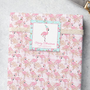 Pink & Aqua Santa Flamingo Beach Christmas Gift Note Card