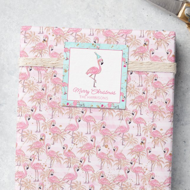 Pink & Aqua Santa Flamingo Beach Christmas Gift Note Card (Creator Uploaded)