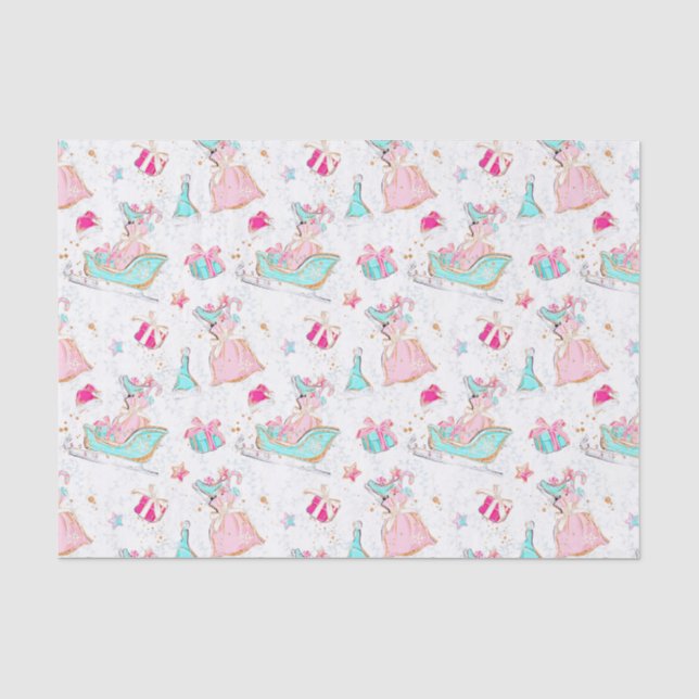 Pink & Aqua Skating & Santa Bags Christmas Tissue Paper (Front)