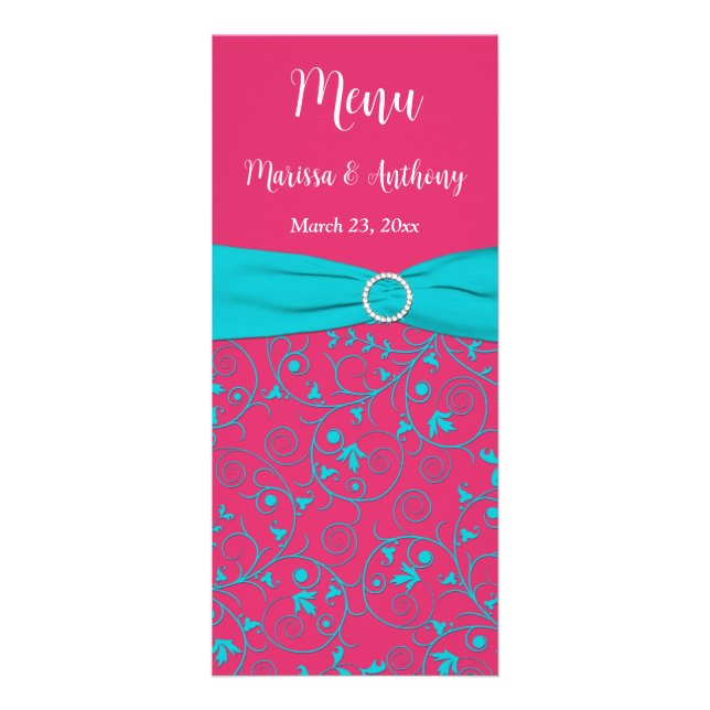 Pink, Aqua Swirls Wedding/Anniversary Menu Card (Front)