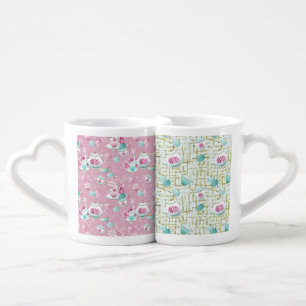 PINK & AQUA TEACUPS AND MACARONS WITH GOLD COFFEE MUG SET