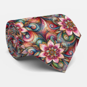 Pink Aqua Teal Blue Green Orange Paisley Pattern Neck Tie