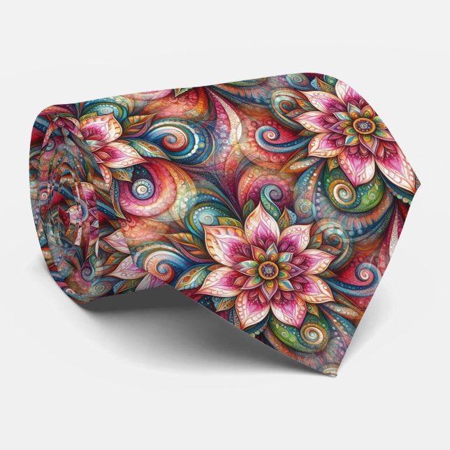 Pink Aqua Teal Blue Green Orange Paisley Pattern Neck Tie (Rolled)