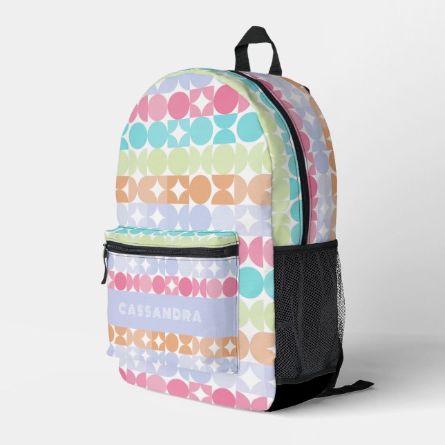 Pink Aqua Violet Orange Midcentury Circles Pattern Printed Backpack (Back Corner Right)