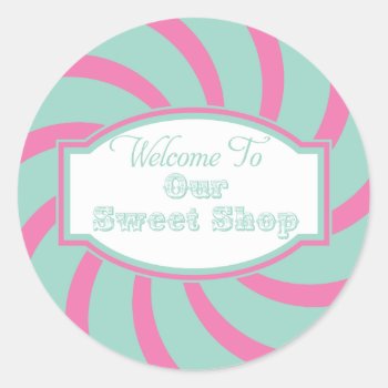 Pink Aqua Welcome To Our Sweet Shop Sticker by Cards_by_Cathy at Zazzle