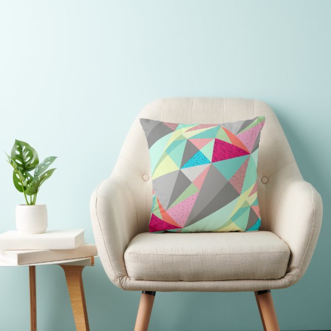 Pink Aqua Yellow Gray Abstract Triangle Pattern Throw Pillow (Chair)