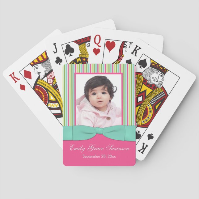 Pink Aqua Yellow Green Striped Photo Playing Cards (Back)