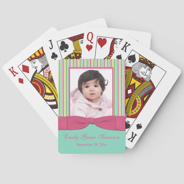 Pink Aqua Yellow Green Striped Photo Playing Cards (Back)