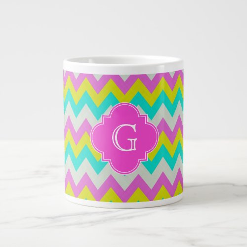 Pink Aqua Yellow Wht Chevron Quatrefoil Monogram Large Coffee Mug