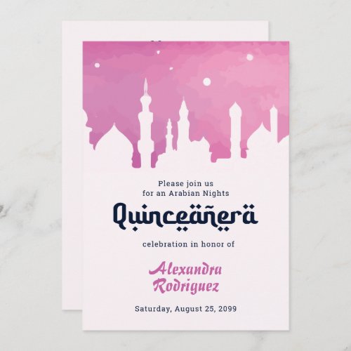 Pink Arabian Nights Watercolor Quinceaera Invitation