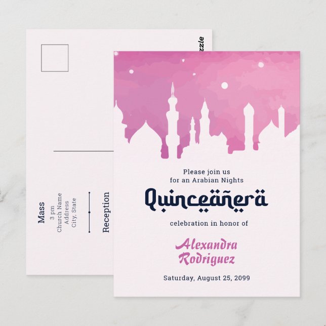 Pink Arabian Nights Watercolor Quinceañera Postcard (Front/Back)
