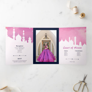 Pink Arabian Nights Watercolor Quinceañera Tri-Fold Invitation