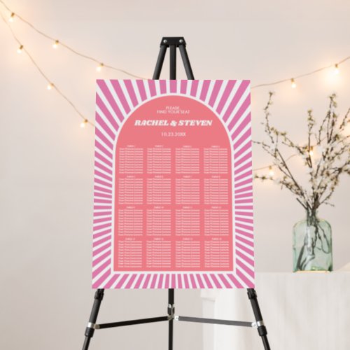 Pink arch and sunrays groovy wedding seating chart foam board