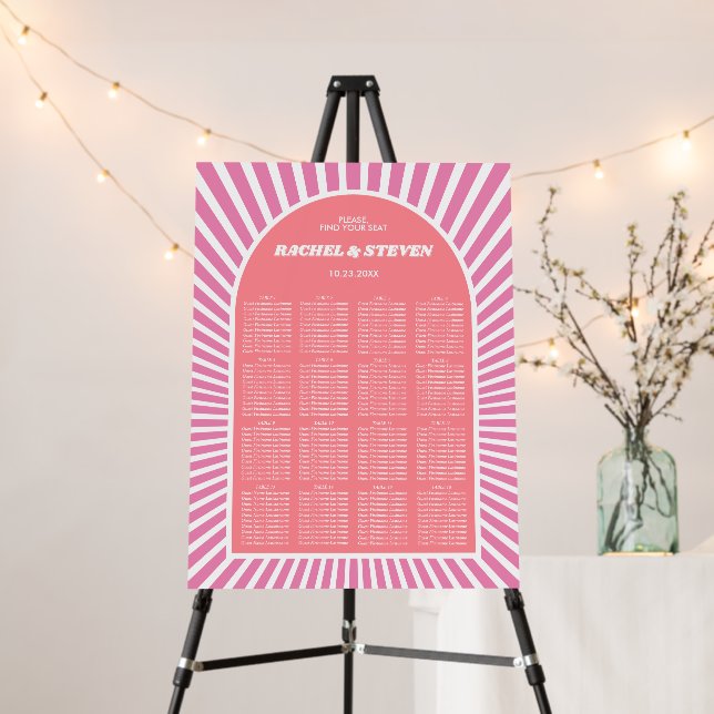 Pink arch and sunrays groovy wedding seating chart foam board (In Situ (Stand))