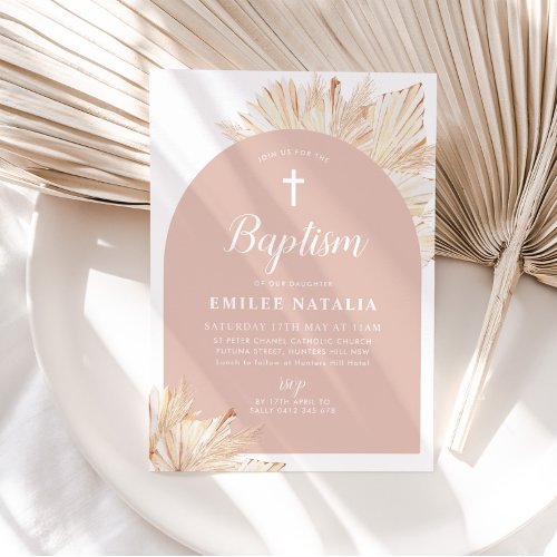 Pink Arch Boho Floral Girls Baptism Christening Invitation