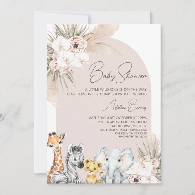 Pink Arch Floral Safari Wild One Baby Shower Invitation (Front)