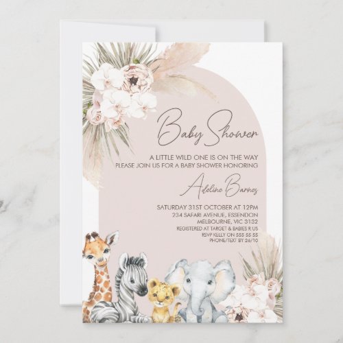 Pink Arch Floral Safari Wild One Baby Shower Invitation